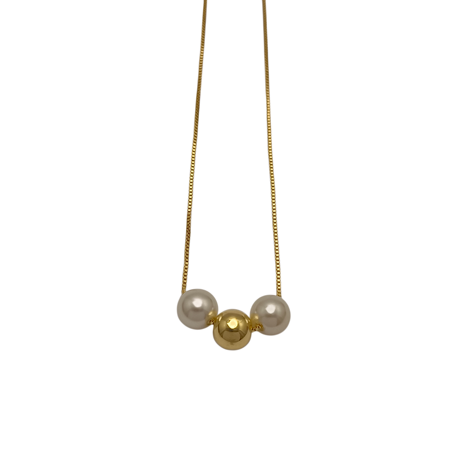 Colar Esfera Lisa e Pérolas